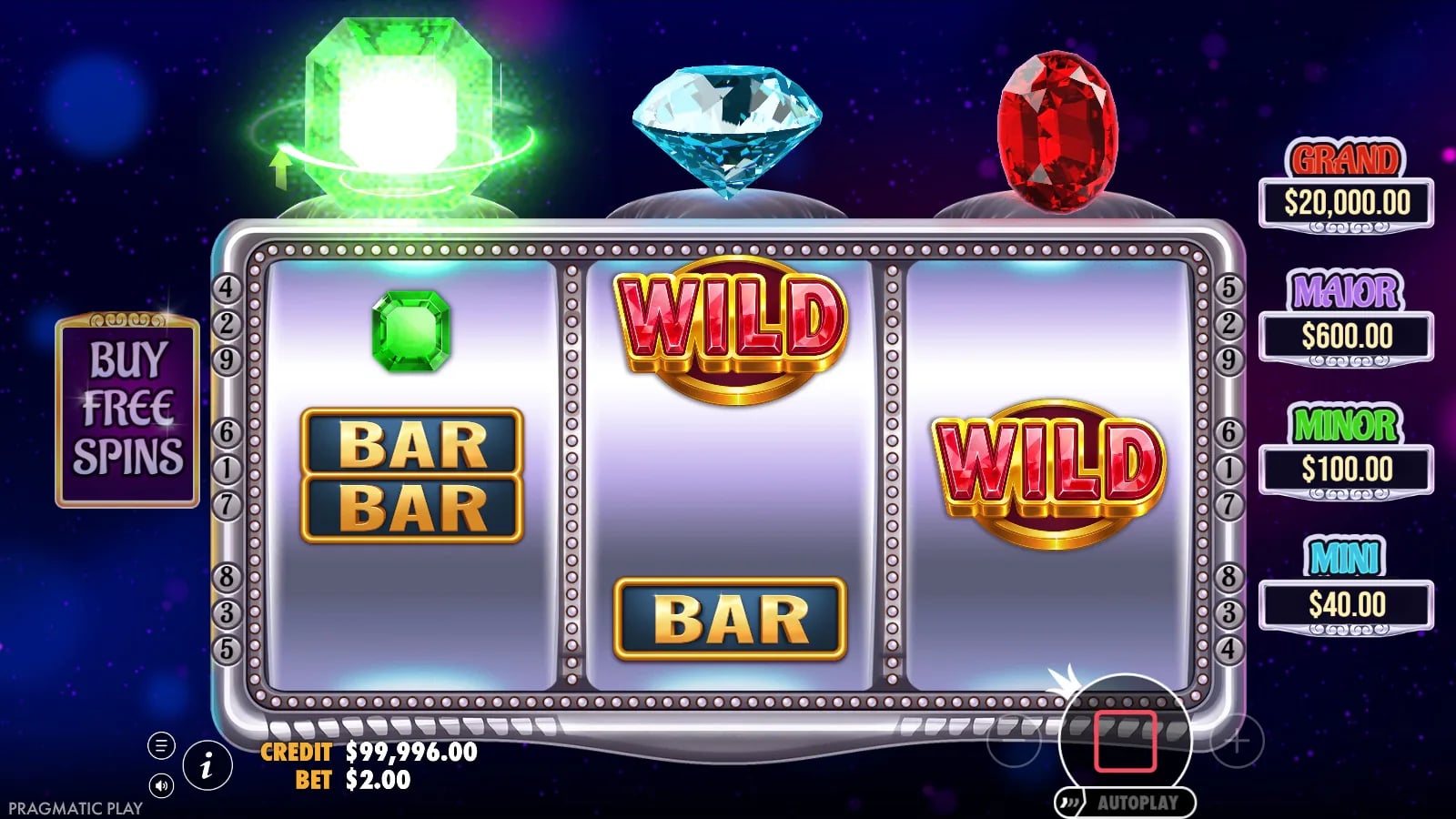 Gem Trio reel result with a glowing emerald and two Wild symbols