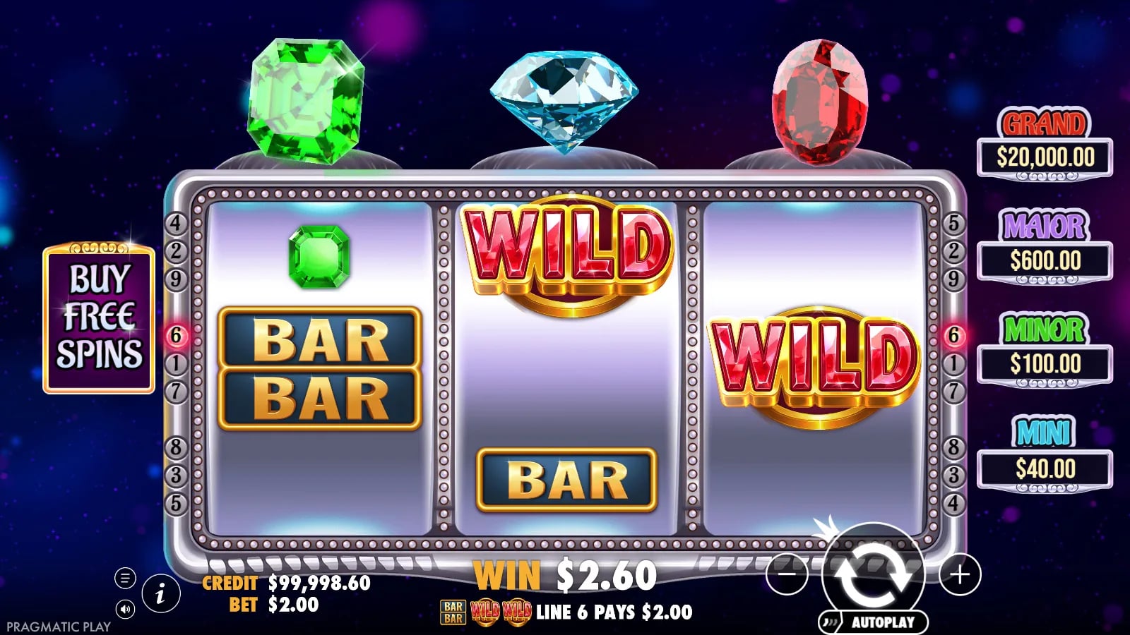Gem Trio settled reel result with a 2.60 credit win and Wild symbols
