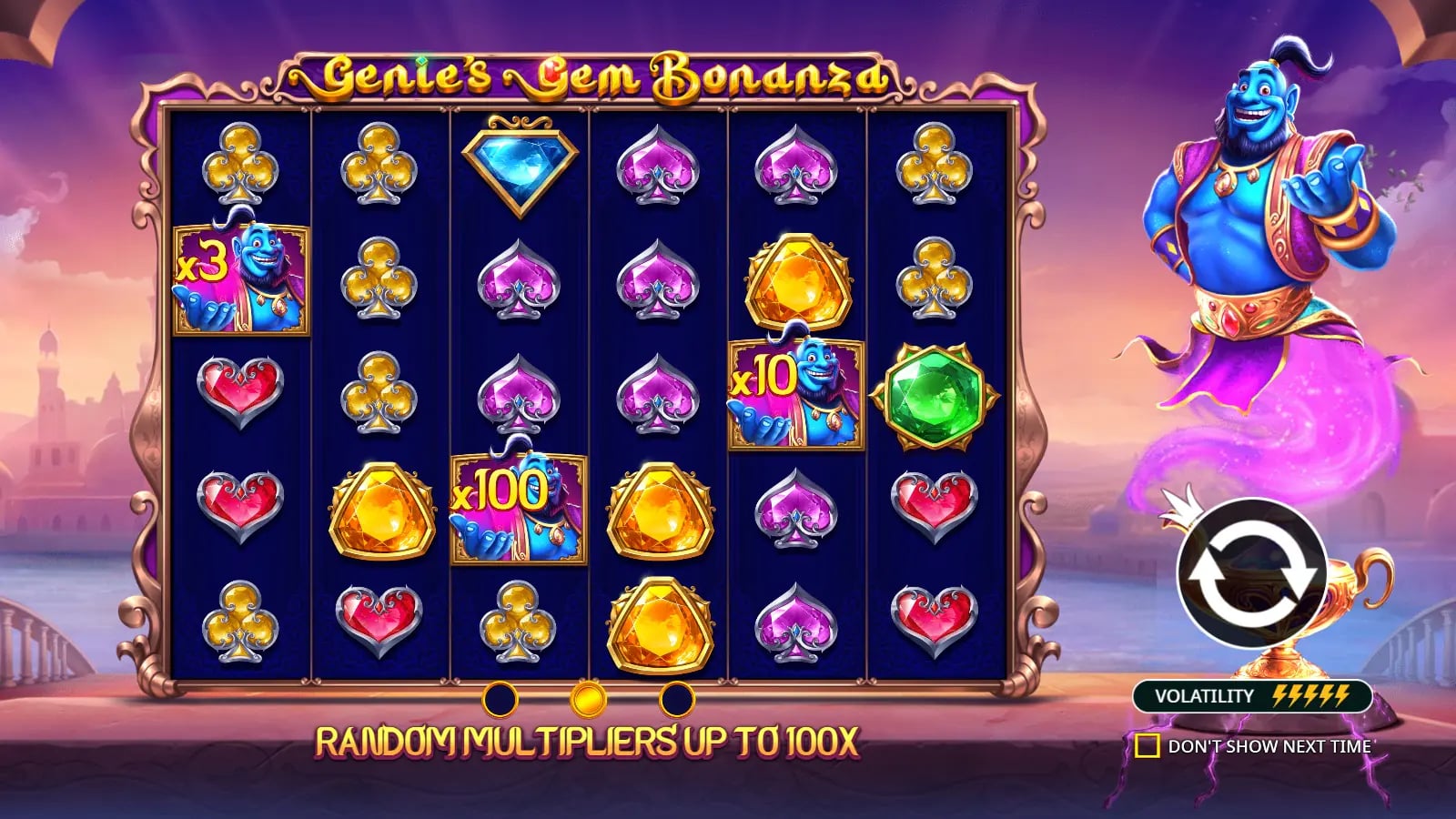 Genie's Gem Bonanza illustrated demo introduction with a genie and sample 6×5 jewel grid