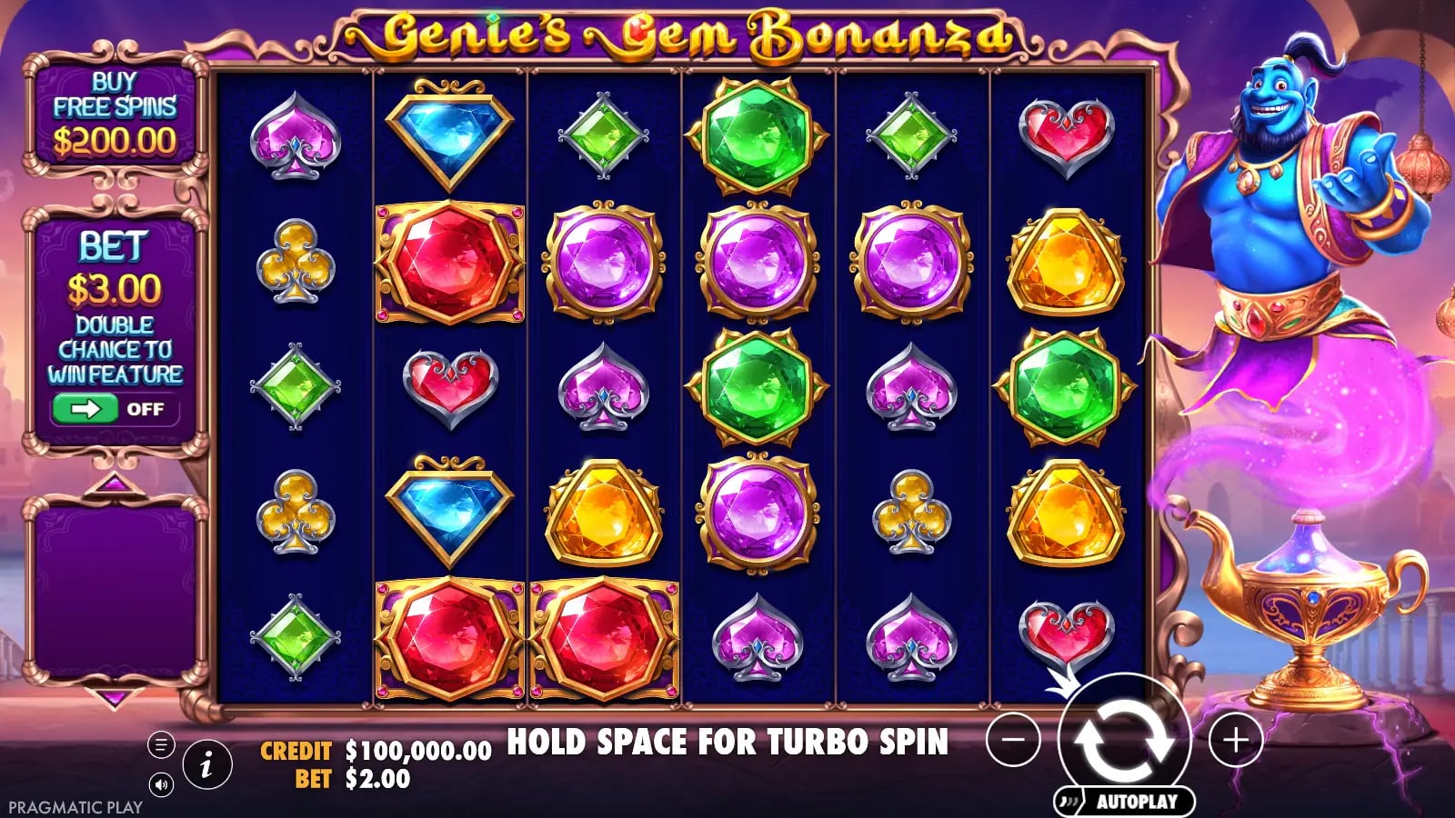 Genie's Gem Bonanza ordinary six-by-five gem grid with bonus-buy control