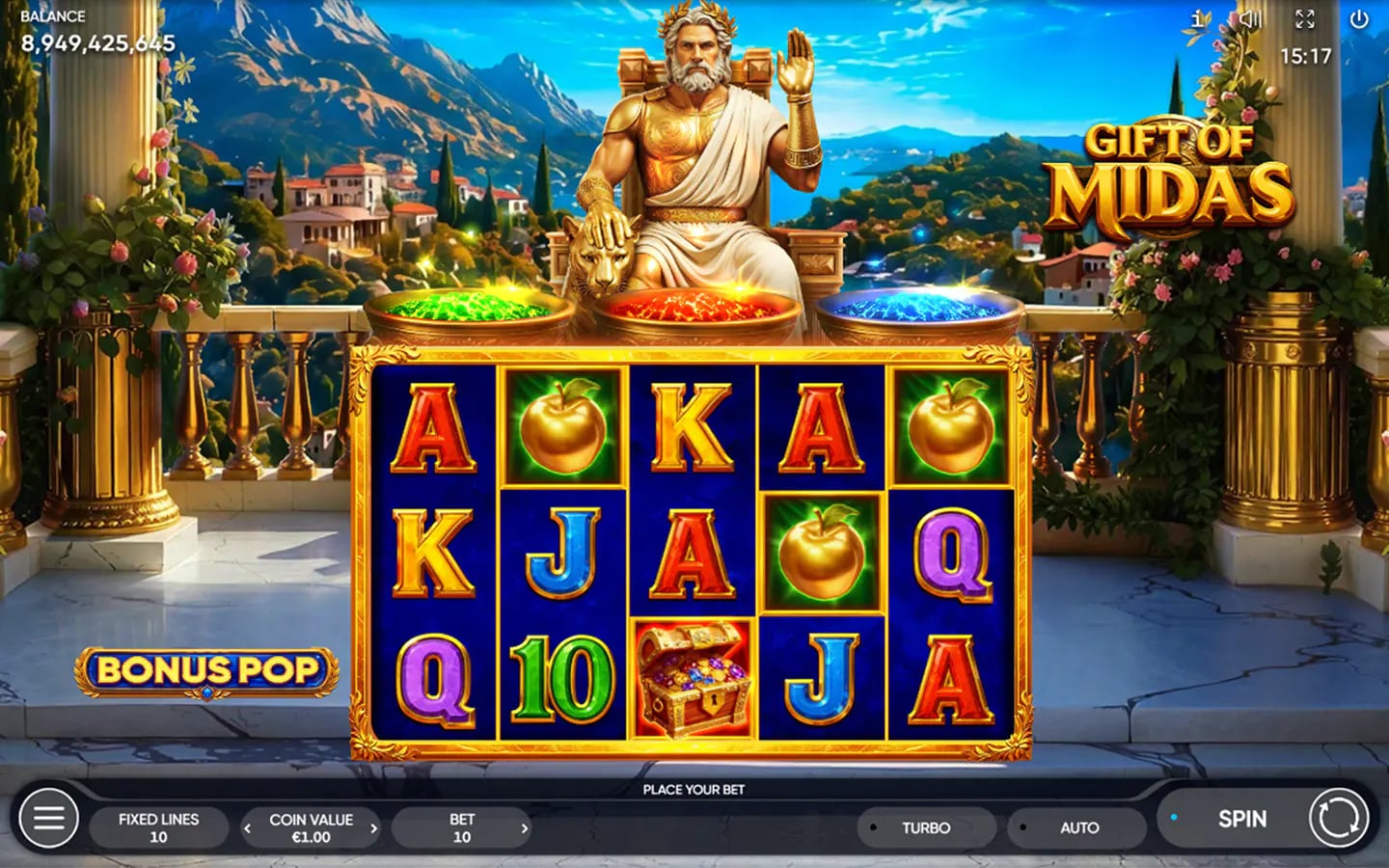 Gift of Midas base game with its 5x3 reels, golden temple Wild and 10 fixed paylines