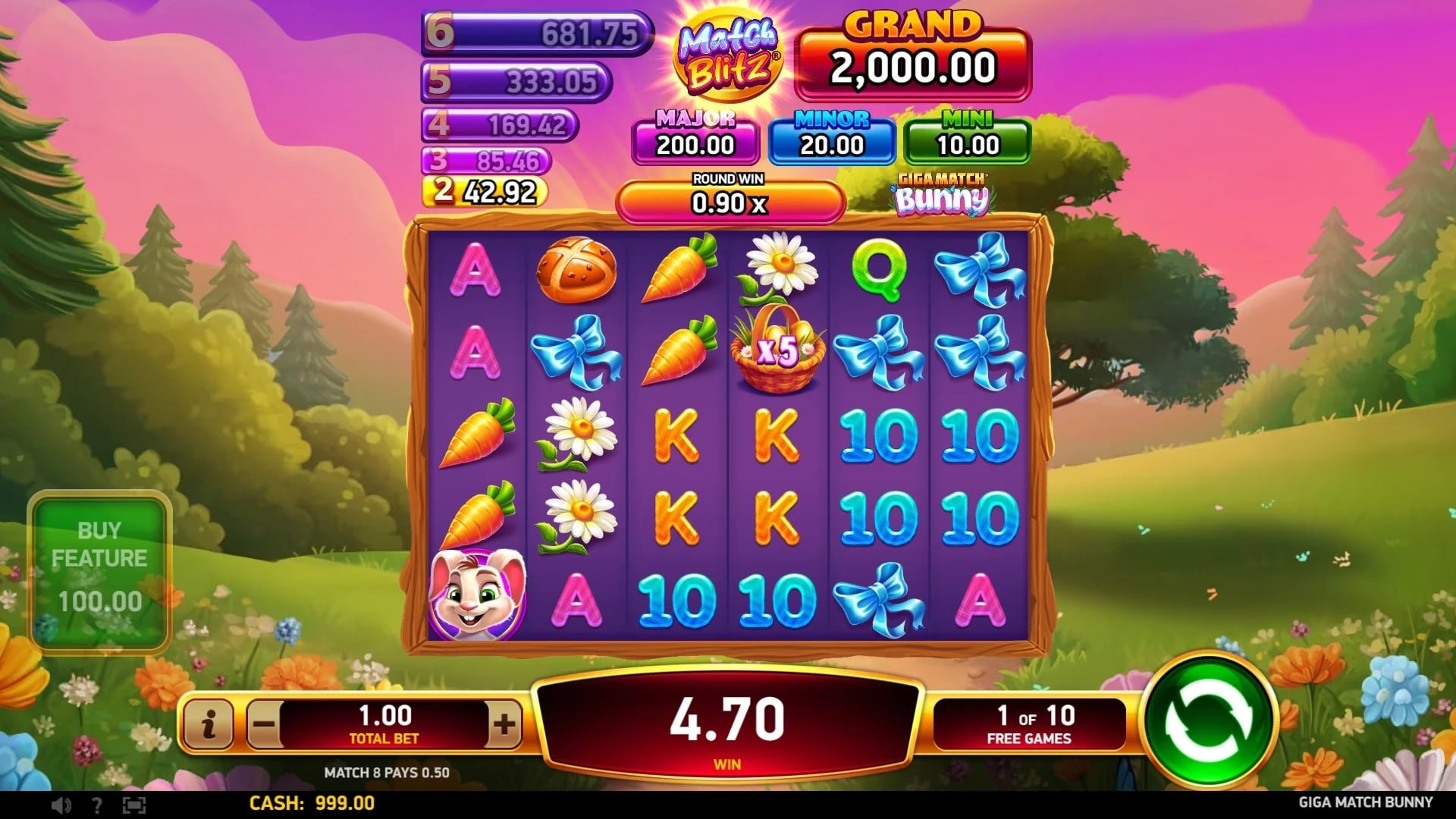 Giga Match Bunny: Cascade multipliers and Free Games counter