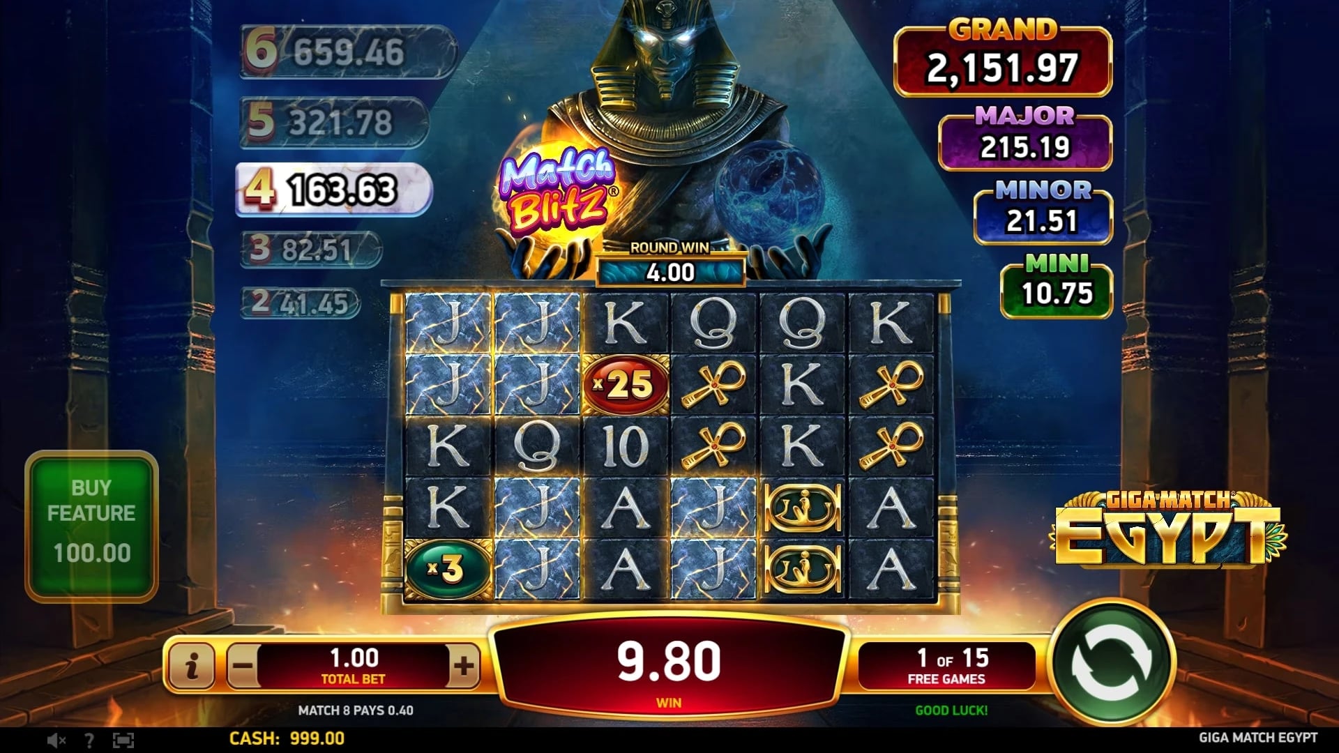 Giga Match Egypt: Cascade multipliers and Free Games counter