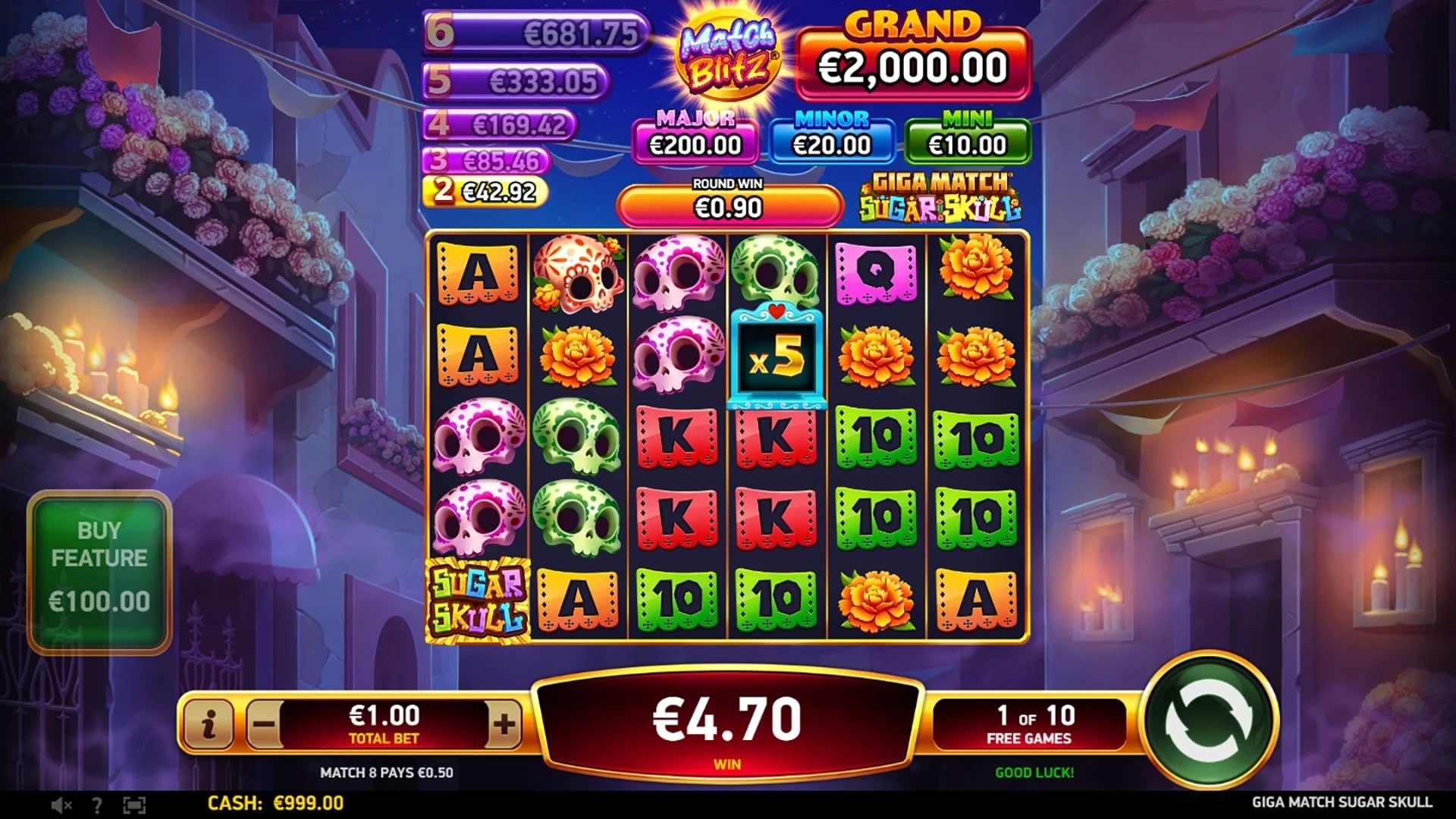 Giga Match Sugar Skull: Cascade multipliers and Free Games counter