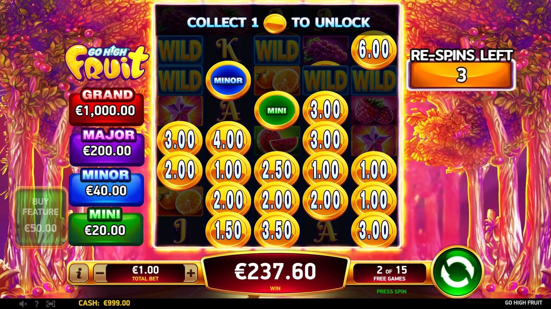 Go High Fruit: Held prizes, locked upper rows and respin counter