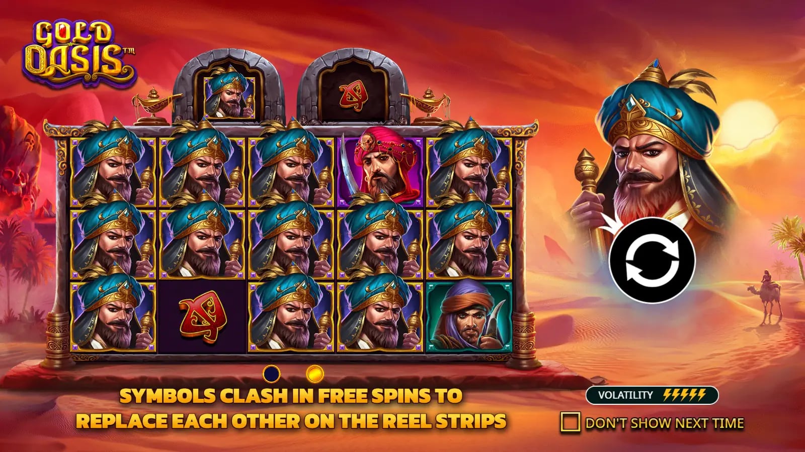 Gold Oasis instructional frame illustrating many matching symbols after a Free Spins duel transformation.