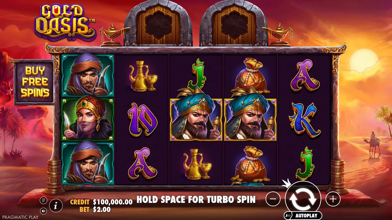 Gold Oasis ordinary five-by-three board with mixed portraits, treasure and card symbols plus virtual-credit controls.