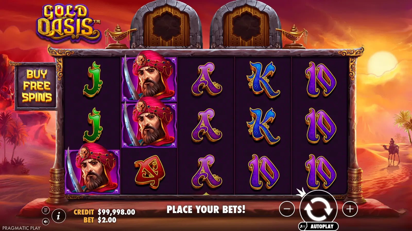 Gold Oasis later base-game board with red-turban portraits, card symbols and the complete five-reel layout.