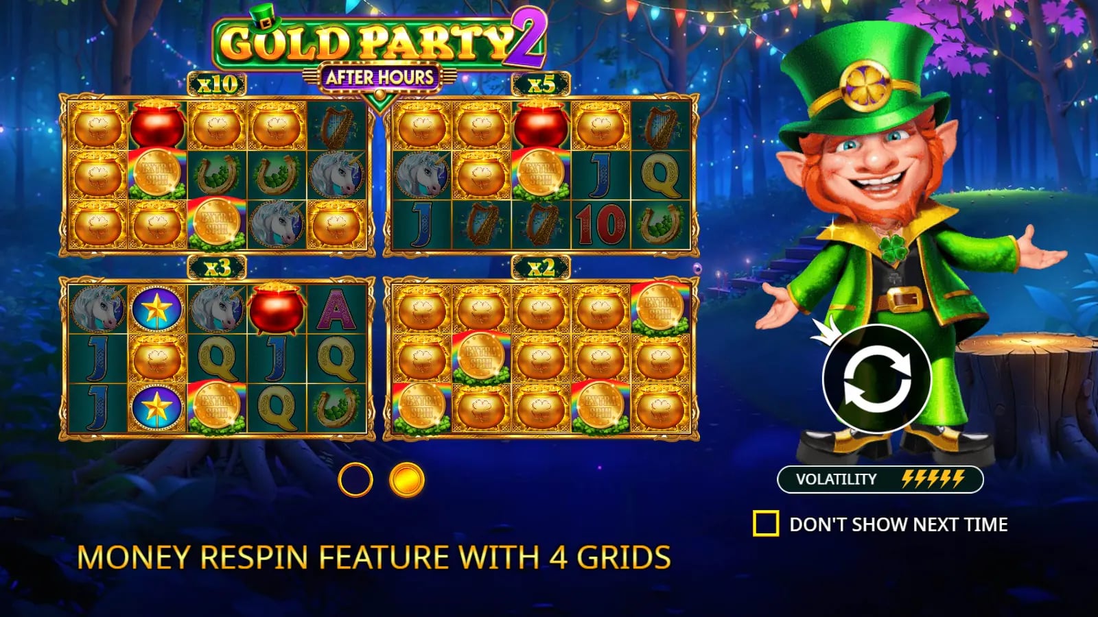 Gold Party 2 After Hours introduction showing four separate respin boards