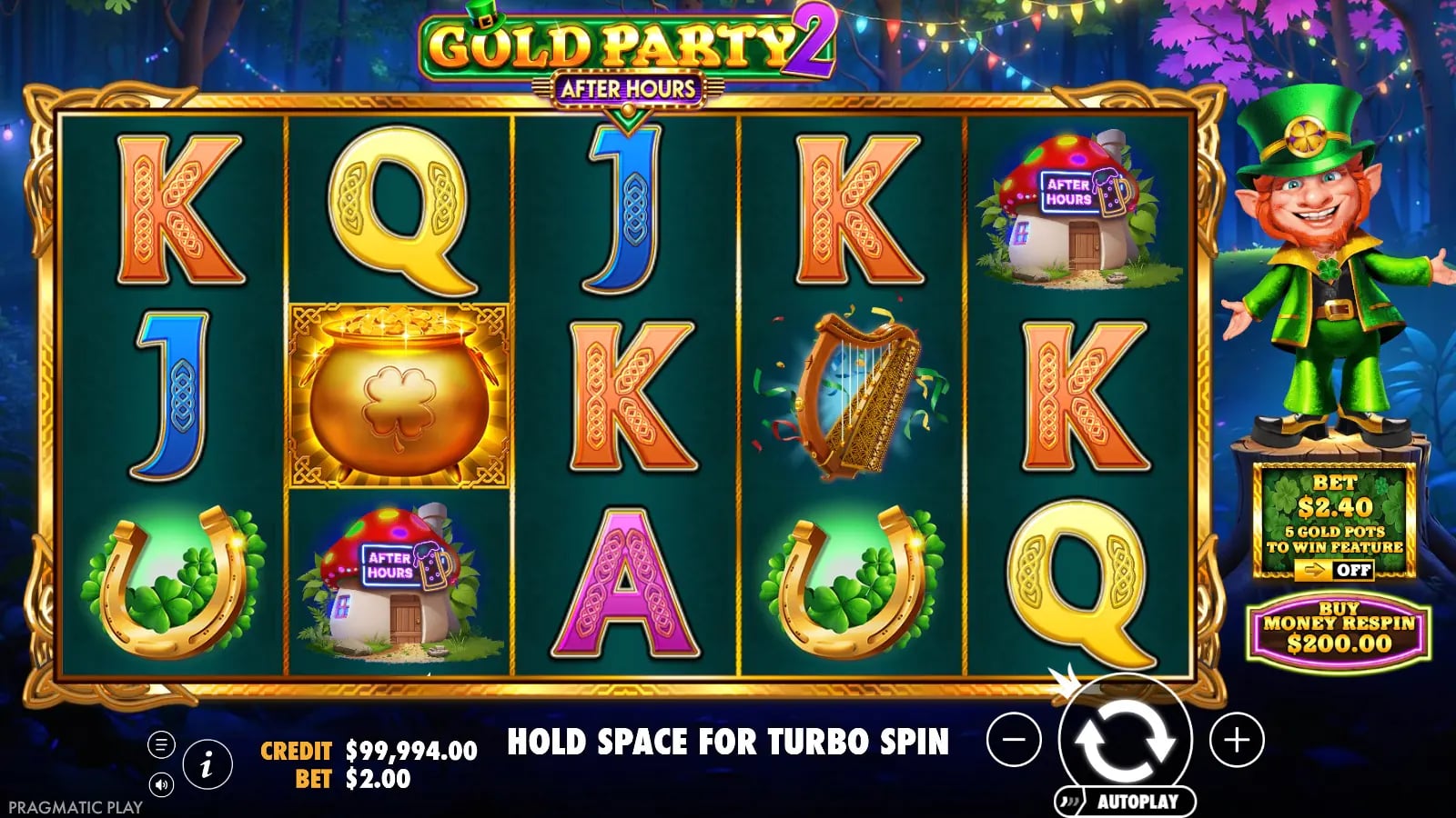 Gold Party 2 After Hours later base result with Gold Pot and harp symbols