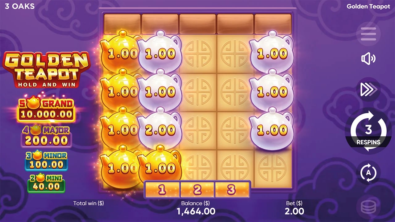 Golden Teapot: gold teapots beside the count-based jackpot ladder