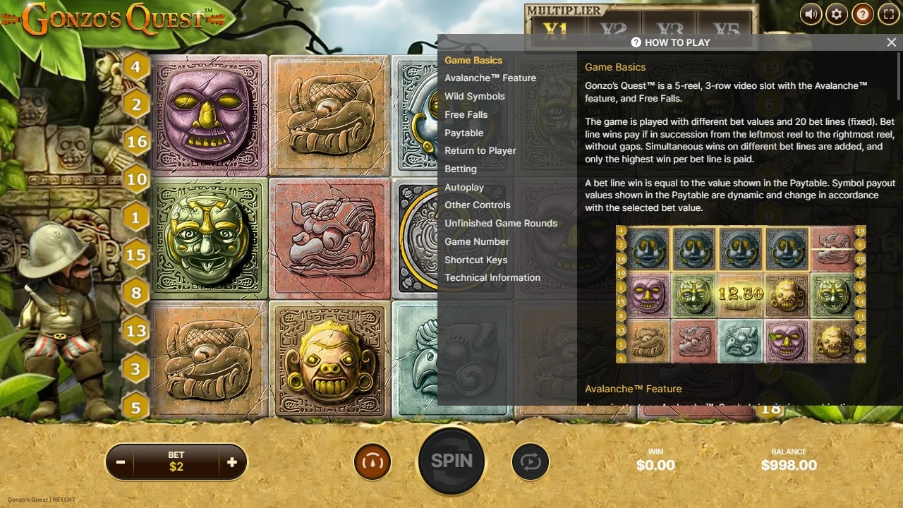 Gonzo’s Quest Help panel and visible 1× 2× 3× 5× multiplier ladder