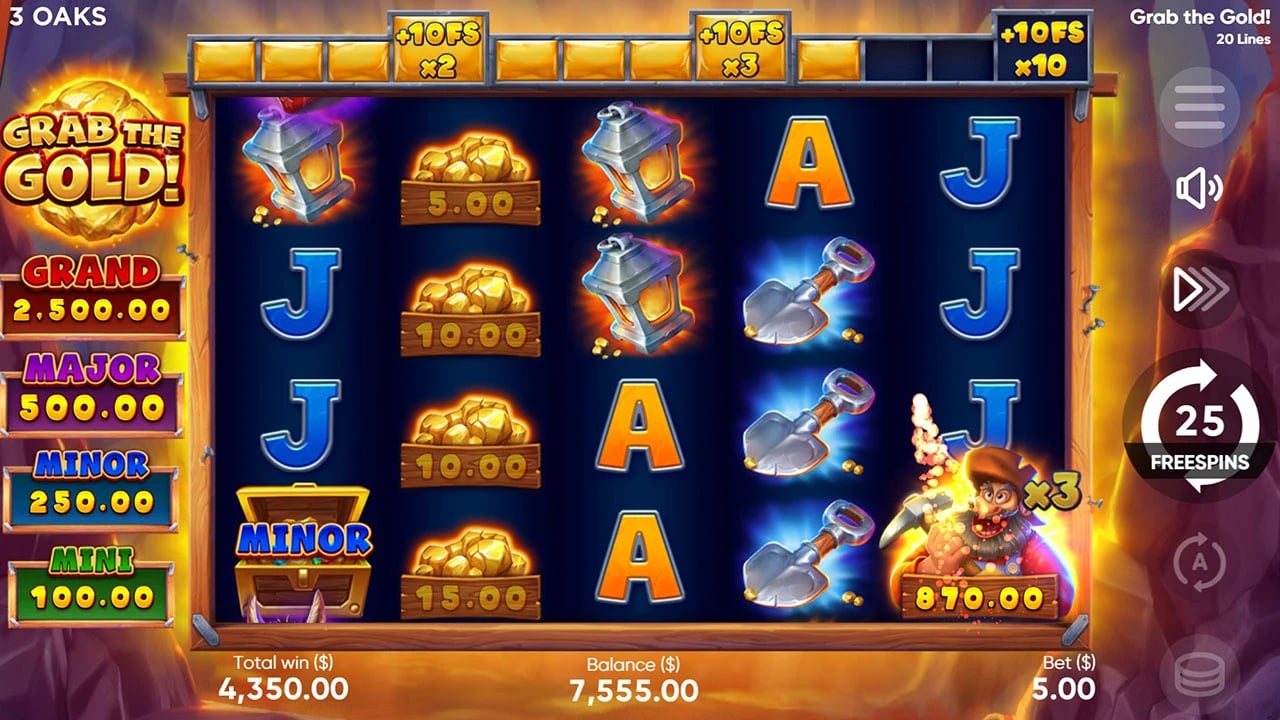 Grab The Gold!: Miner and prize symbols on the three-row reels