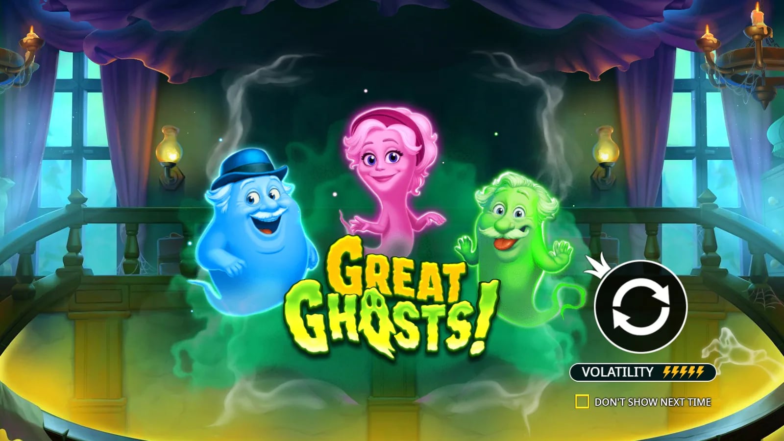 Great Ghosts opening illustration with blue, pink and green ghost characters