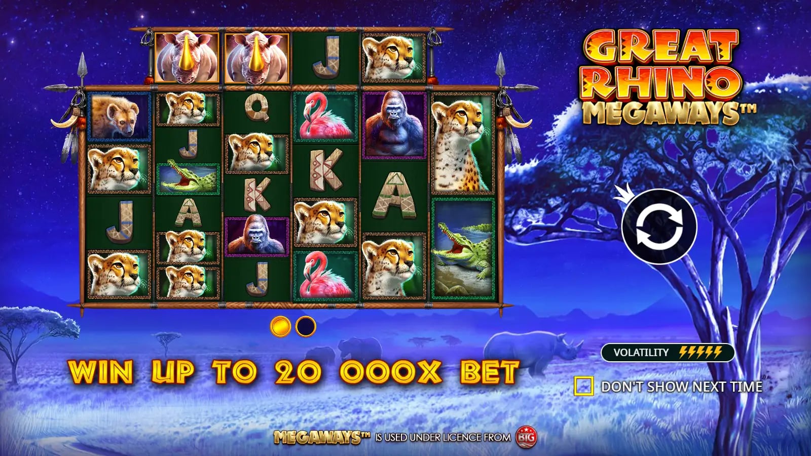 Great Rhino Megaways opening artwork with safari animals and 20,000x promotion