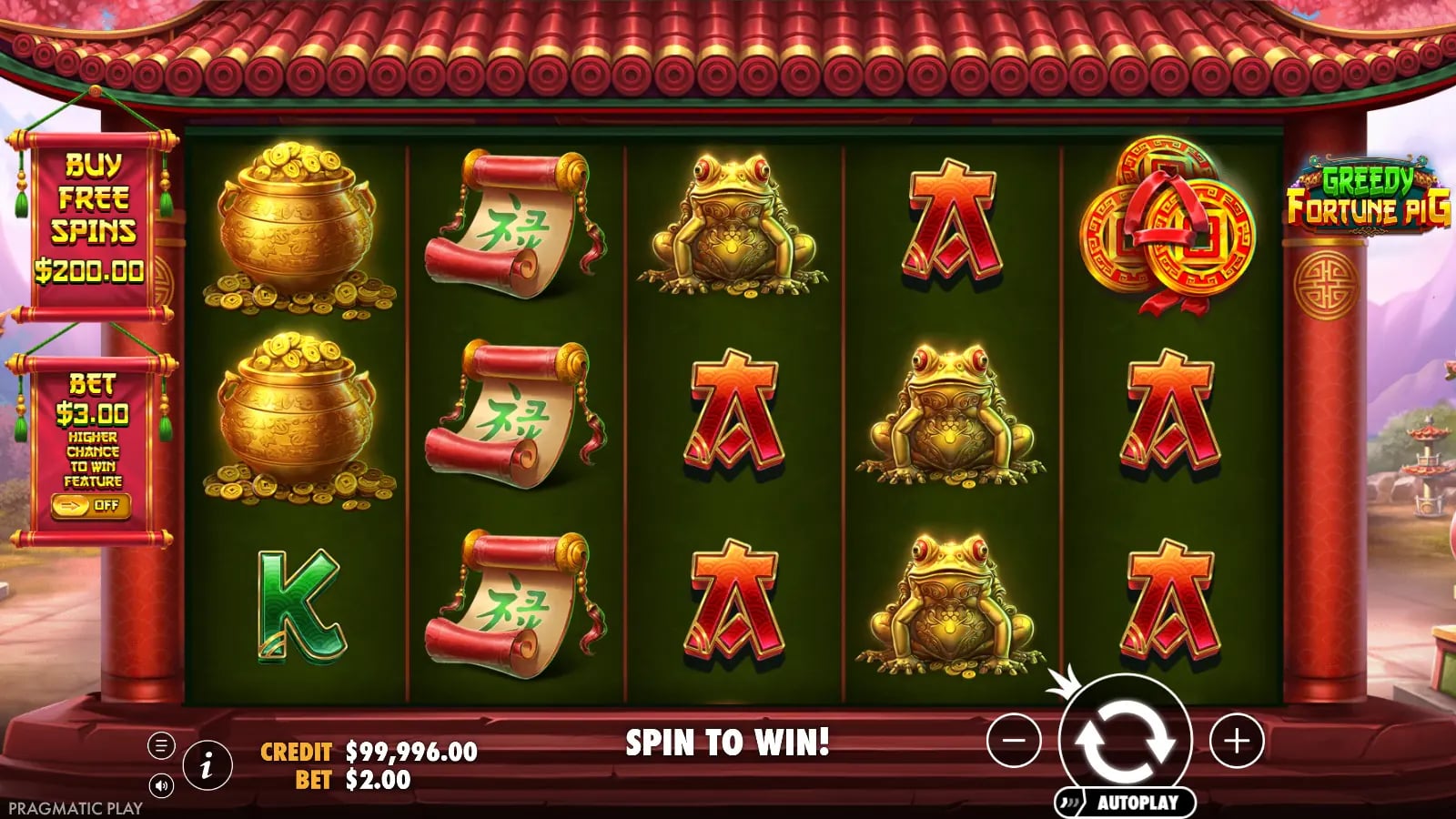 Greedy Fortune Pig regular five-by-three reel view with frog and scroll symbols, virtual balance, Ante Bet and Buy Free Spins controls.