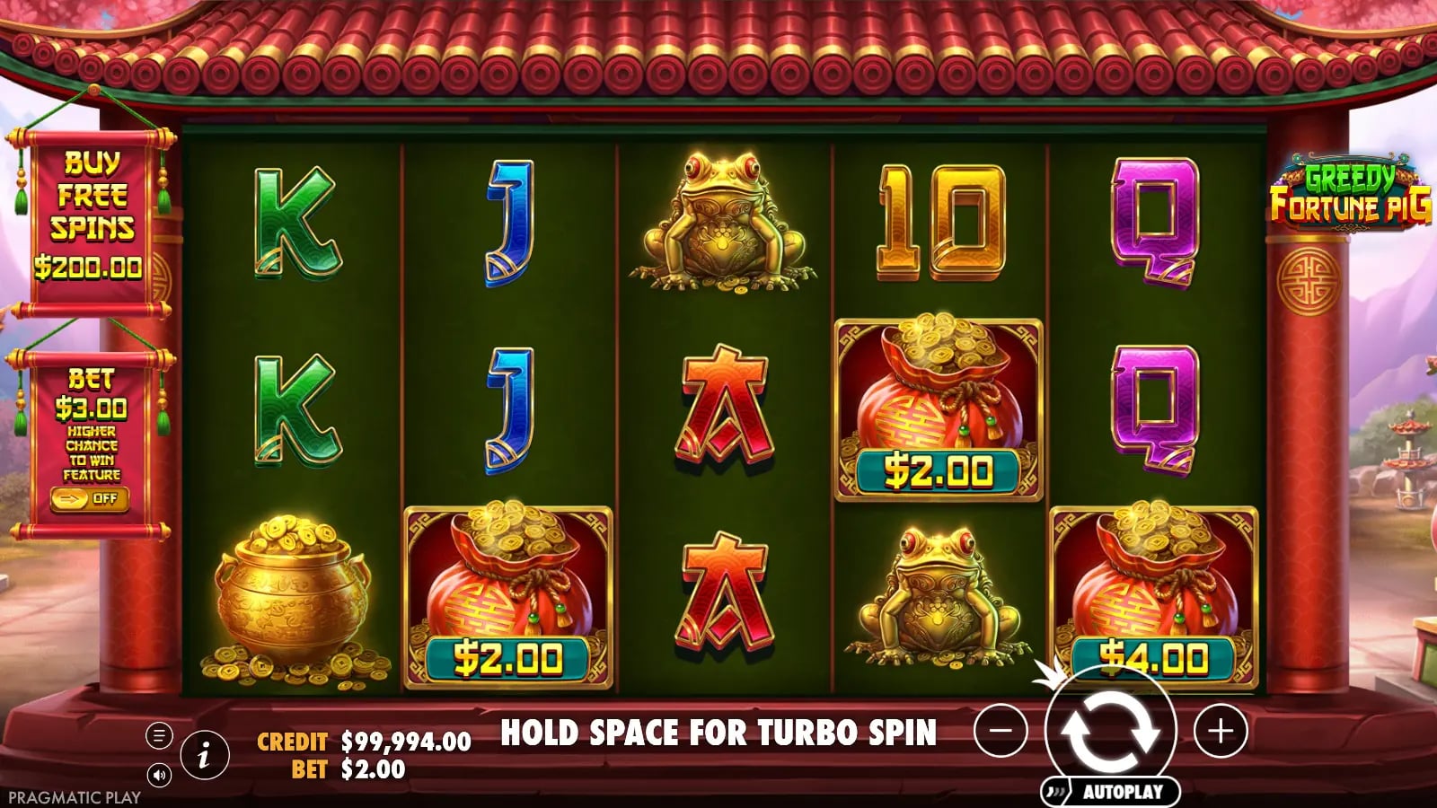 Greedy Fortune Pig later base result with printed money bags on the five-by-three reels and the complete stake and spin controls.