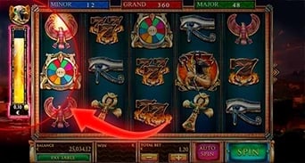 Guardians of Luxor 2: Provider-annotated Horus progress bar beside the main reels