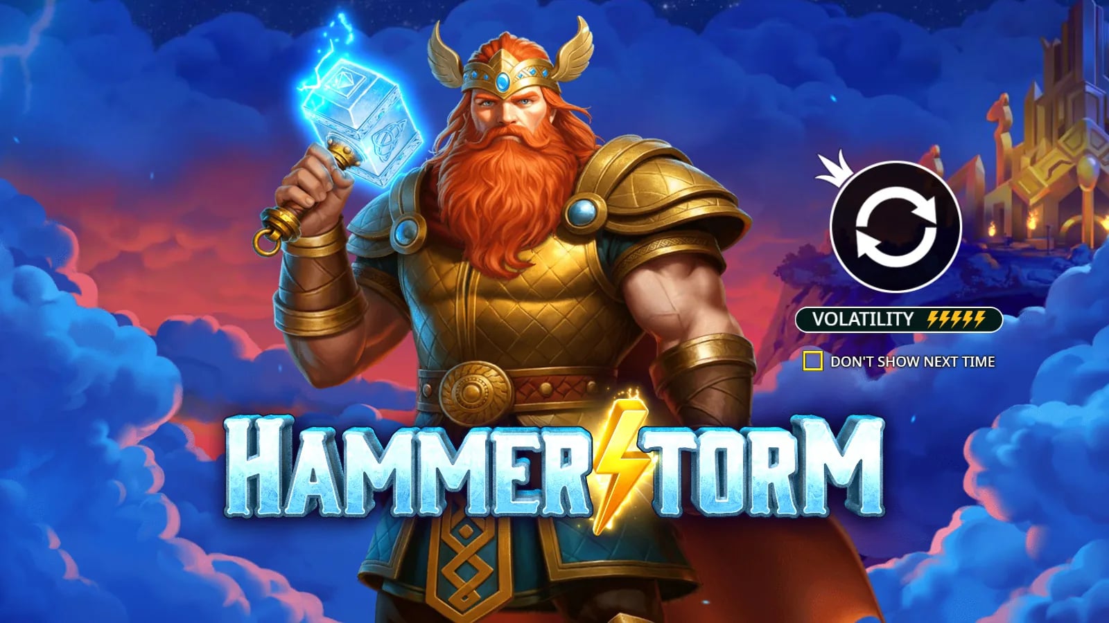 Hammerstorm pre-play Thor illustration with five lit volatility bolts
