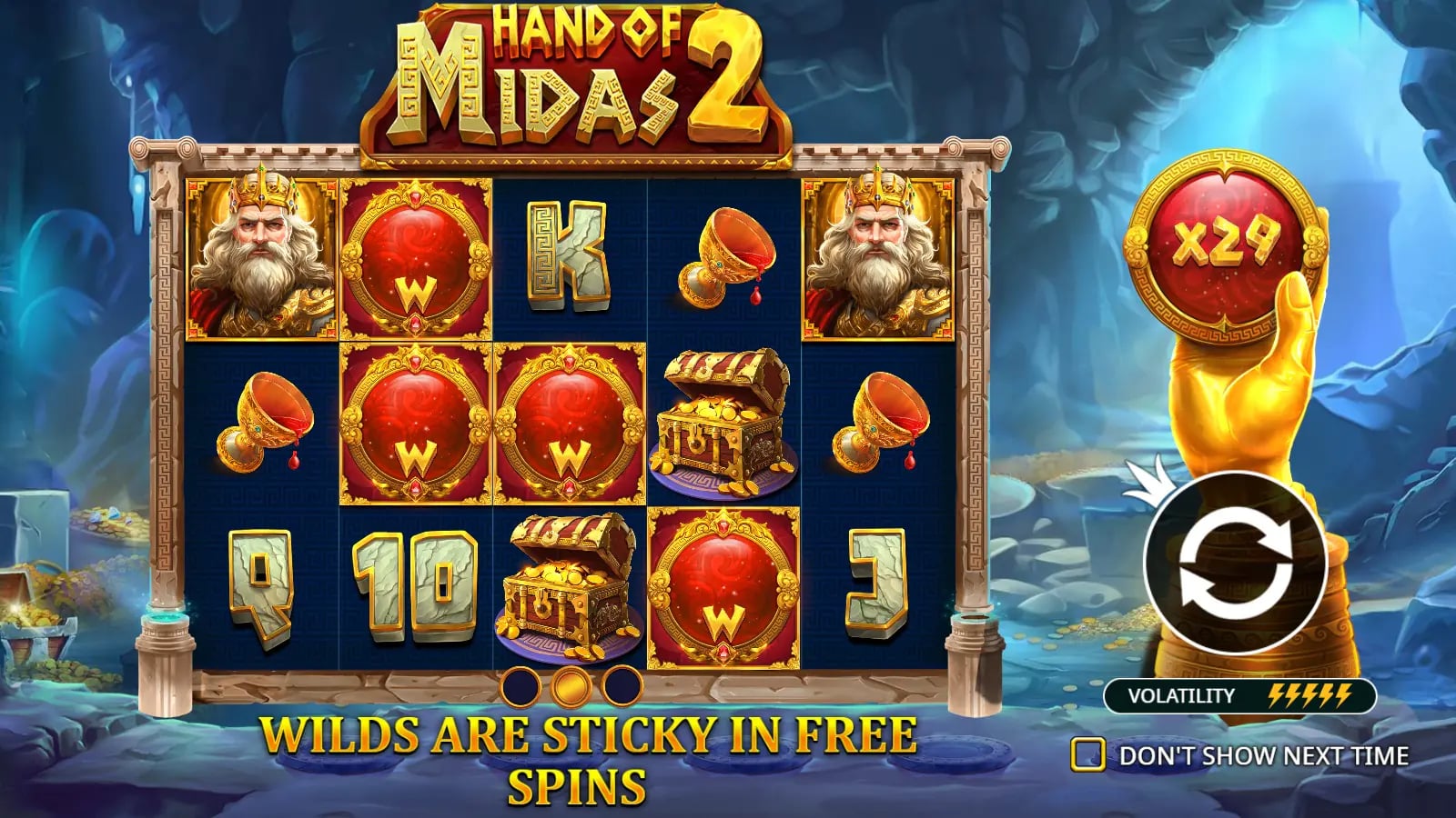 Hand Of Midas 2 illustrated pre-play screen with four Wilds and a 29x example multiplier