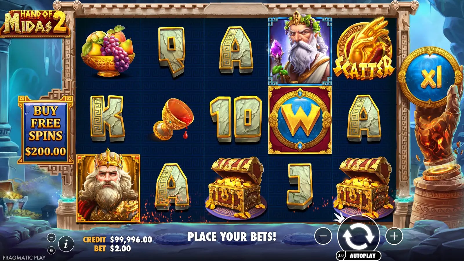 Hand Of Midas 2 ordinary five-by-three base game with one Scatter and one Wild