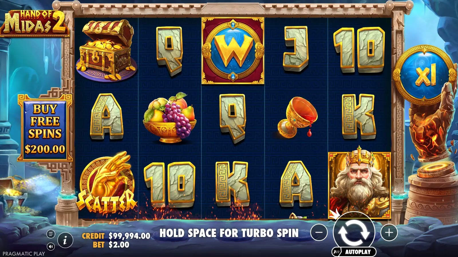 Hand Of Midas 2 later ordinary base game with one Scatter and one Wild