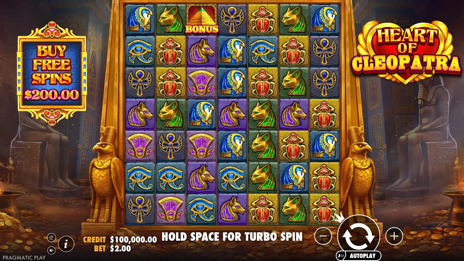 Heart of Cleopatra ordinary 7×7 Egyptian grid with one BONUS pyramid and Buy Free Spins control.