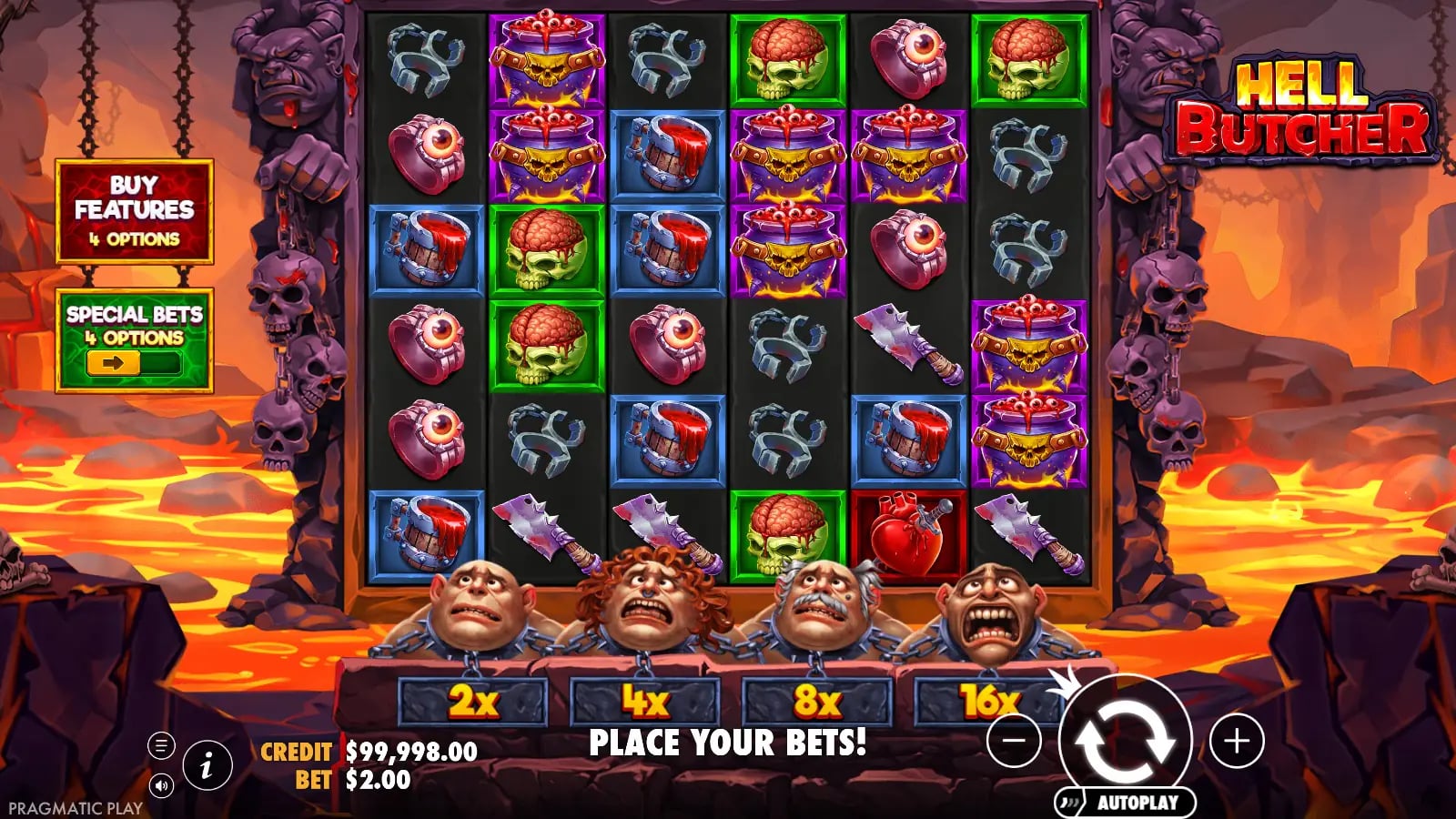 Hell Butcher base tumble with connected horror symbols, a random Wild and virtual-credit controls