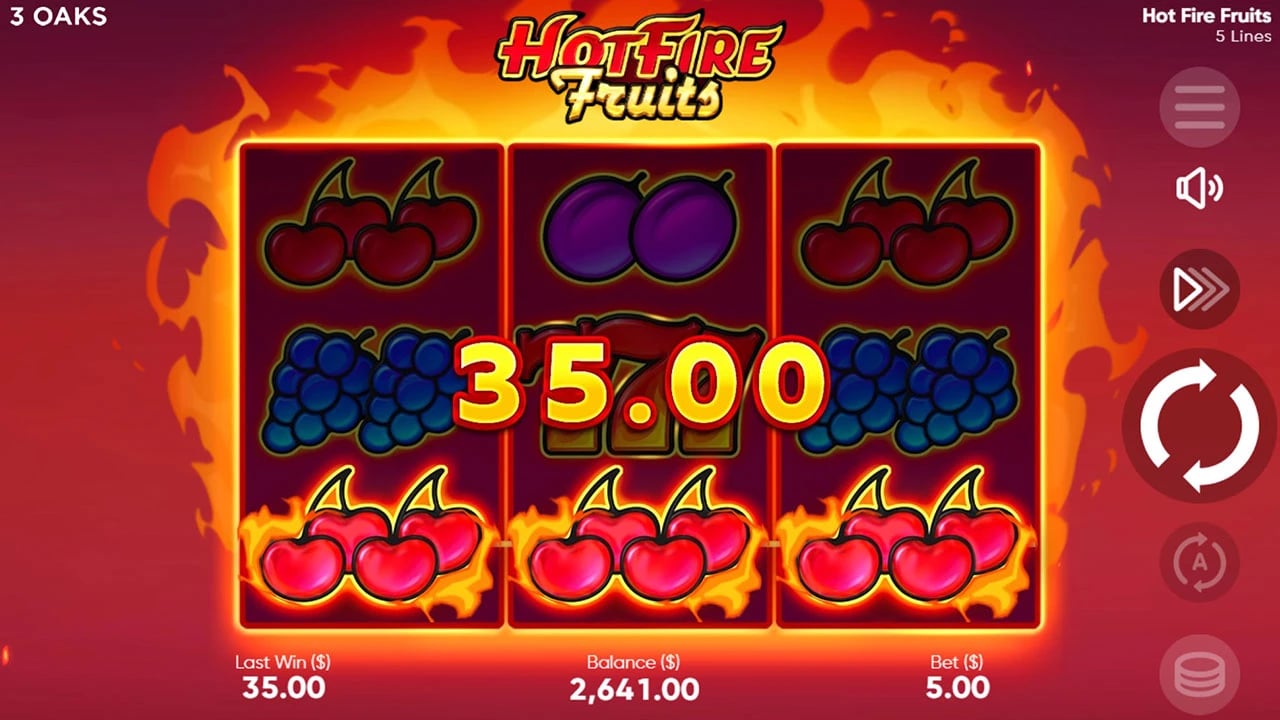 Hot Fire Fruits: three-reel field with a horizontal Cherry win