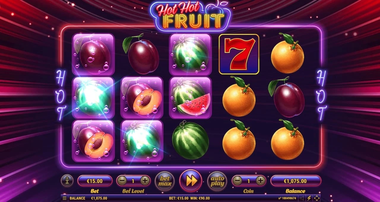 Hot Hot Fruit feature screenshot with fruit symbols inside illuminated frames