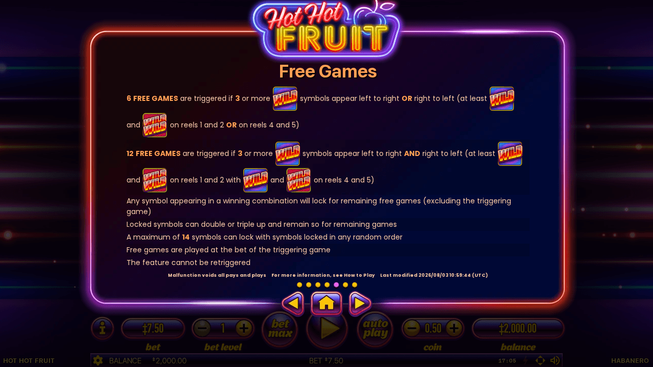 Hot Hot Fruit Free Games panel comparing six-spin and twelve-spin trigger patterns.
