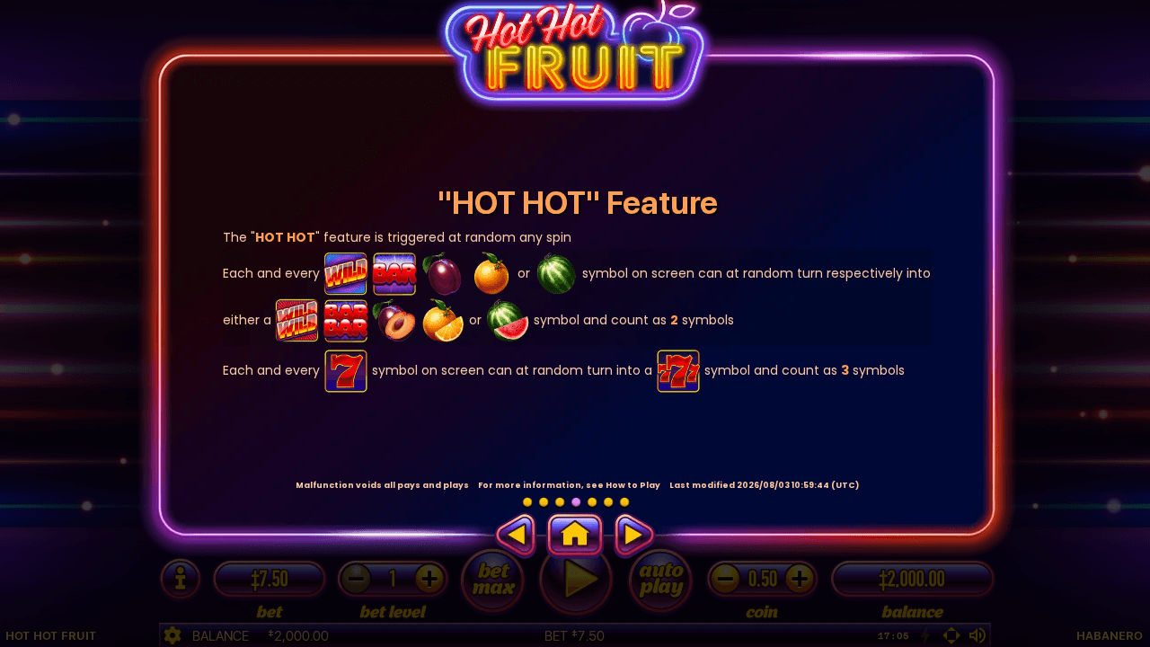 Hot Hot Fruit illustrated HOT HOT rules showing doubled regular symbols and a triple Seven.