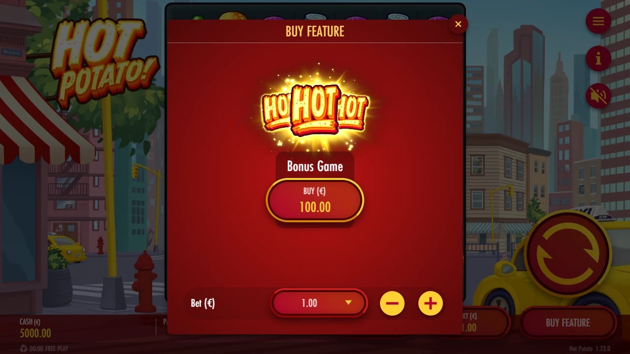 Hot Potato Buy Feature menu showing €100 at a €1 bet