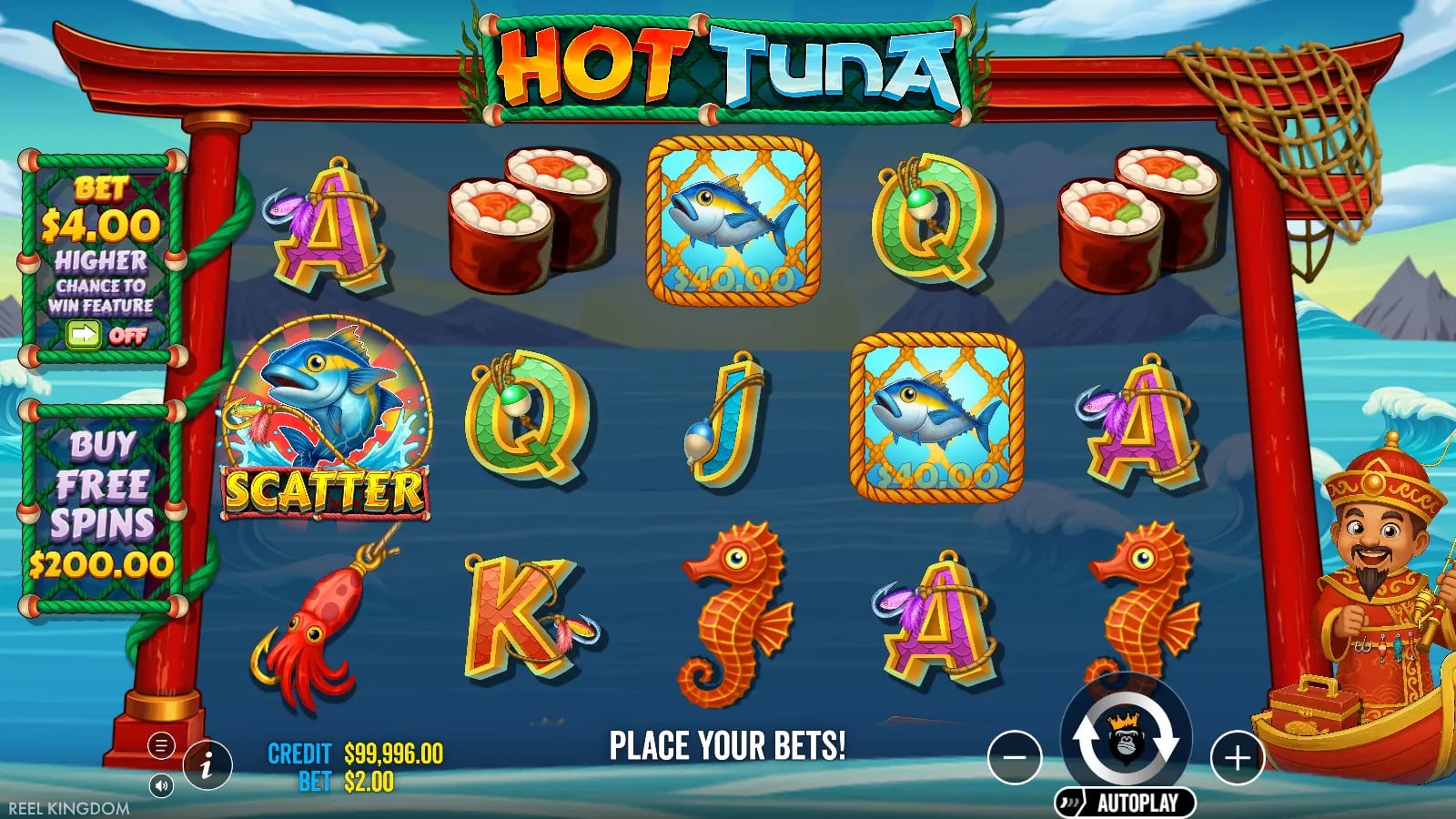 Hot Tuna base-game screen with one Scatter and two framed tuna symbols