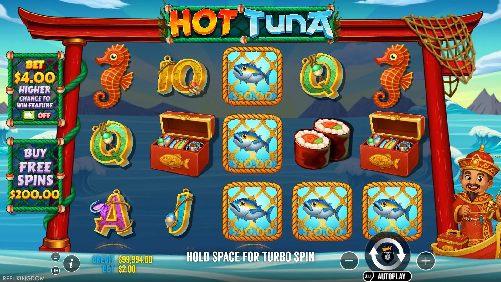 Hot Tuna base-game screen with five framed tuna symbols and treasure chests