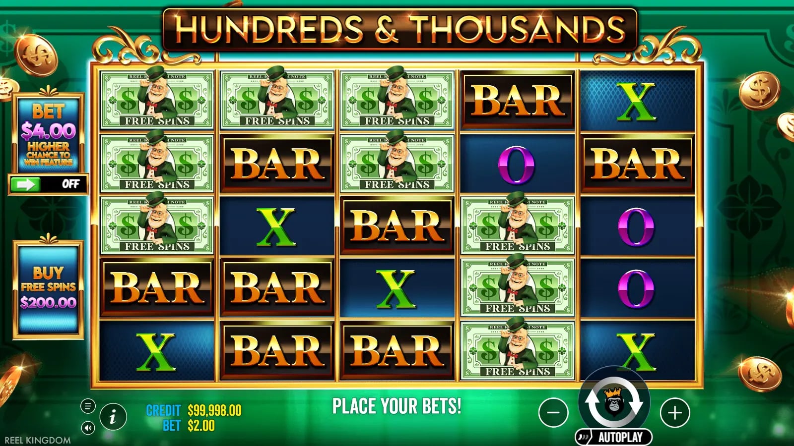 Hundreds and Thousands playable five-by-five reels with all paylines and controls