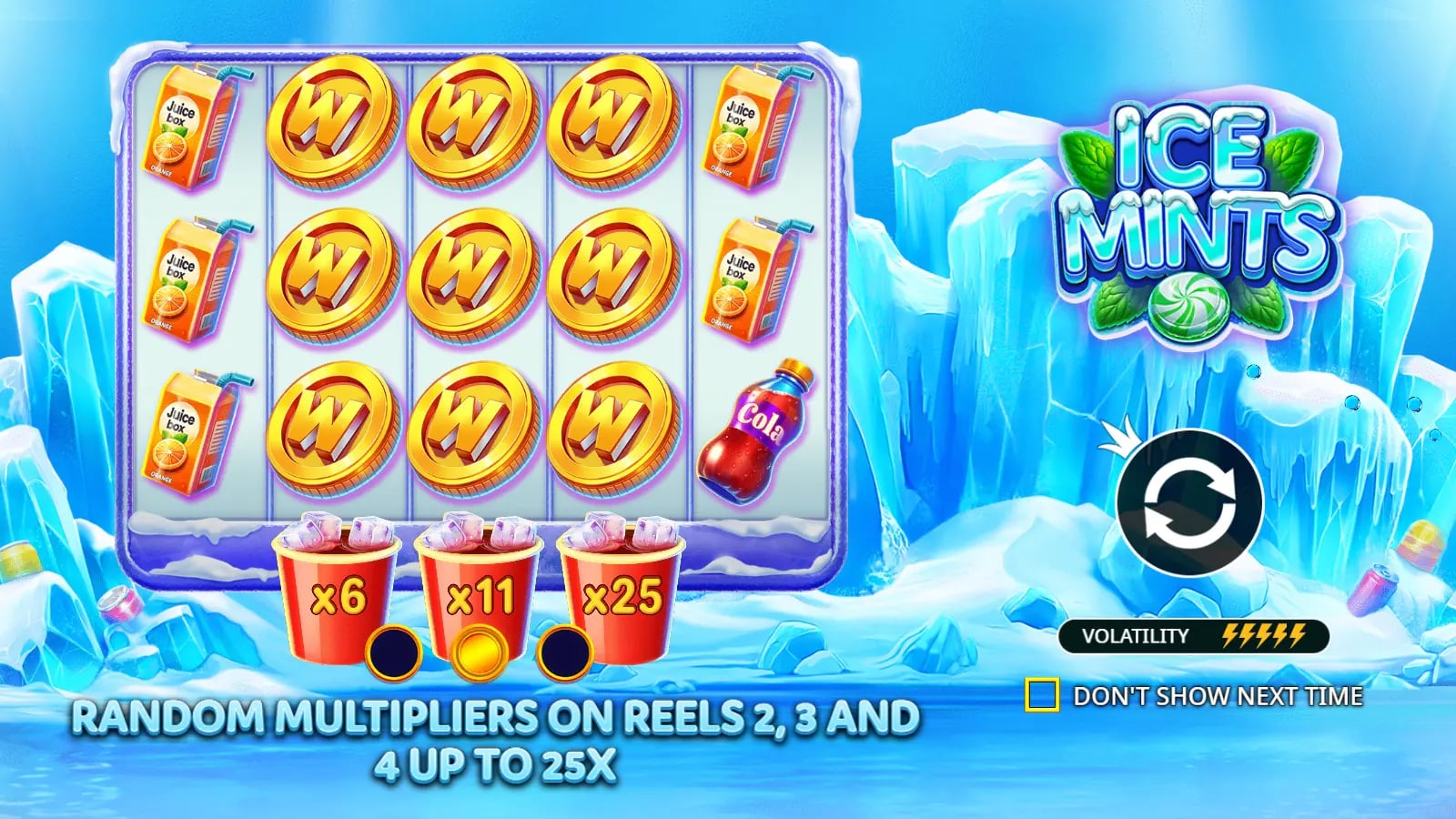 Ice Mints instructional screen with example Wild coins and three multiplier cups.