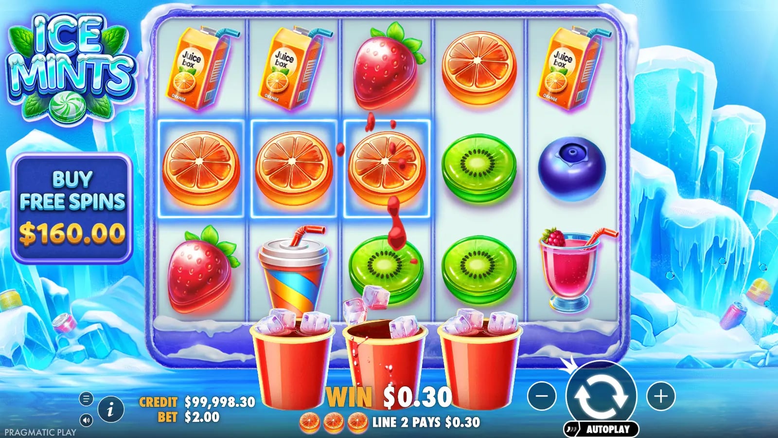 Ice Mints ordinary five-by-three board displaying a $0.30 line win.
