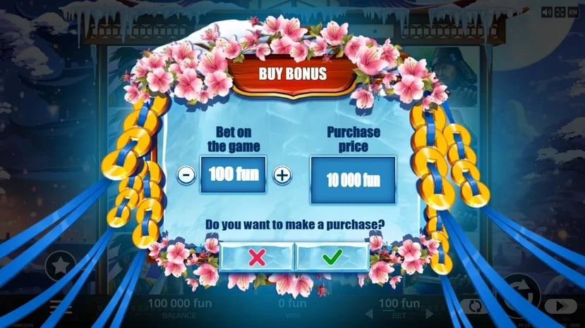 Ice Princess: Buy Bonus dialog shows a particular 100 RUB stake and 10,000 RUB price; configuration example, not a universal cash price.