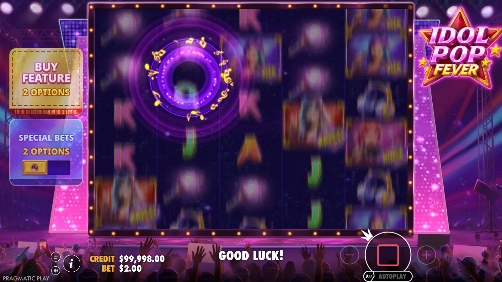 Idol Pop Fever demo animation with a purple concert spotlight crossing the reels