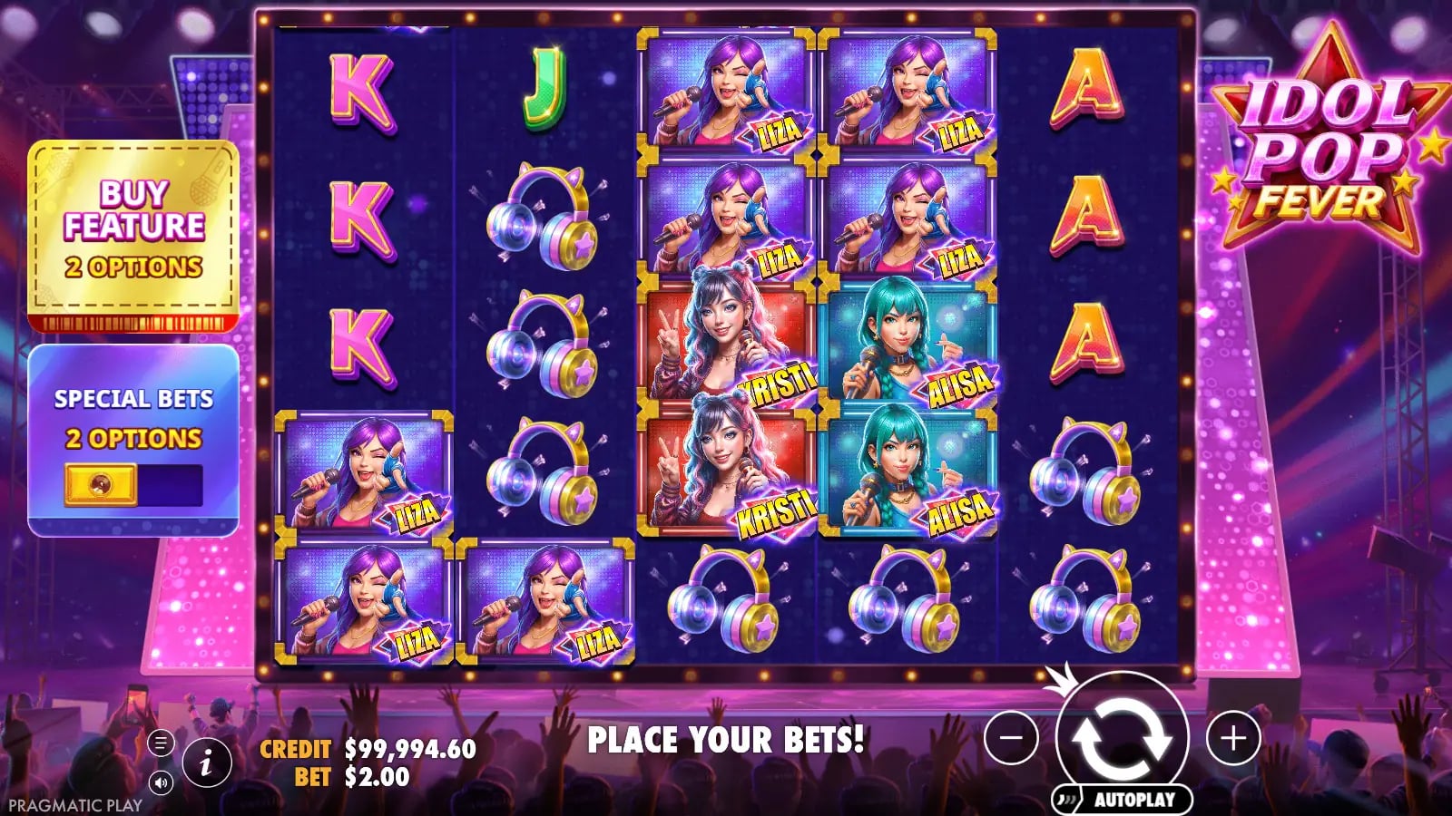 Idol Pop Fever settled five-by-five grid with performers and headphones