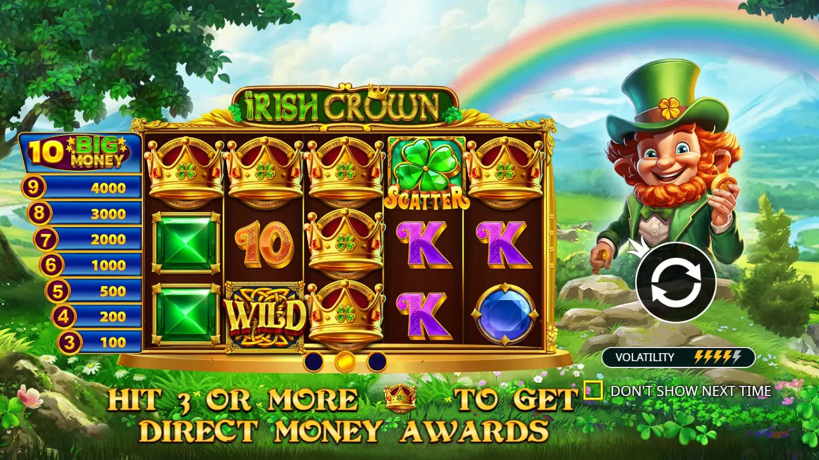 Irish Crown introductory rule screen with example reels, Big Money ladder and crown instruction.