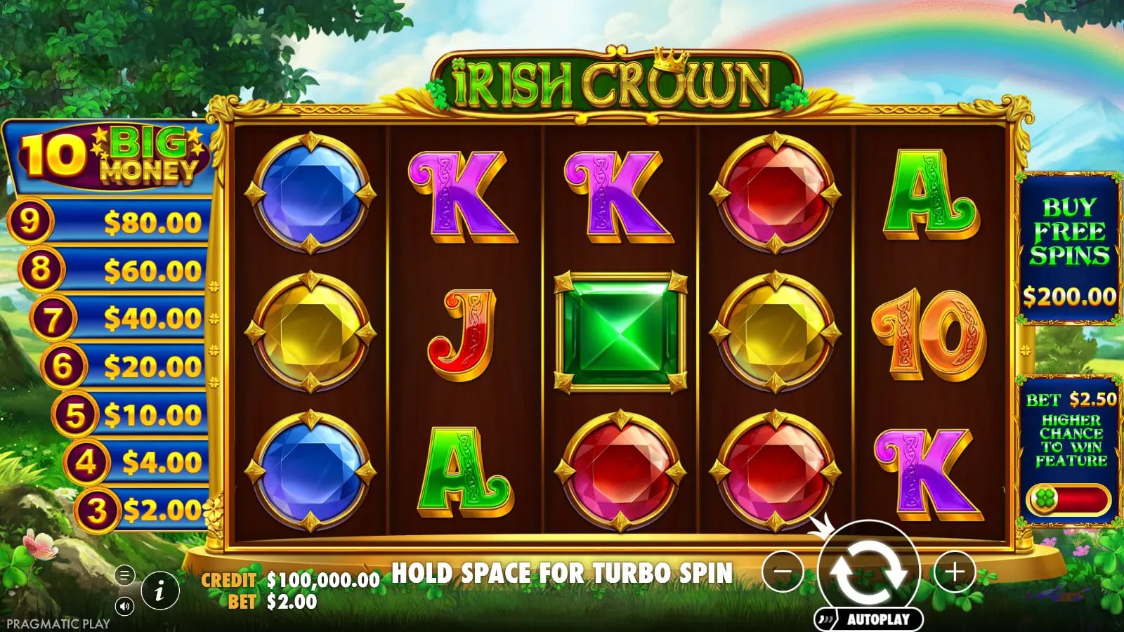 Irish Crown ordinary five-by-three reels with Big Money prize ladder and Buy Free Spins control.