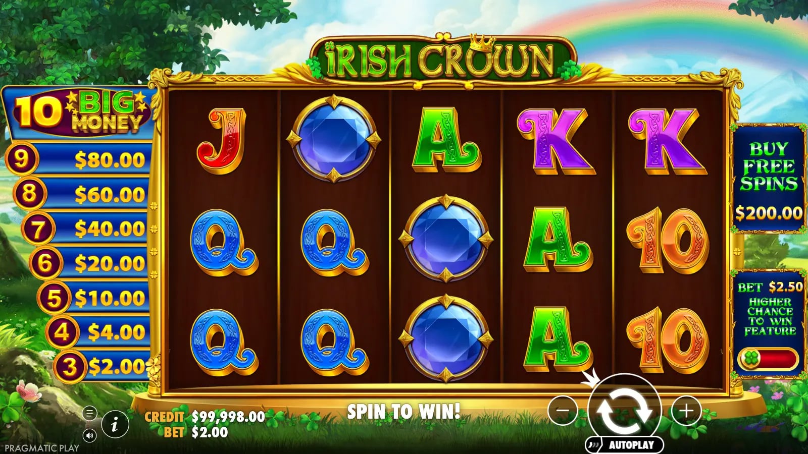 Irish Crown second ordinary reel result with the Big Money ladder and virtual-credit display.