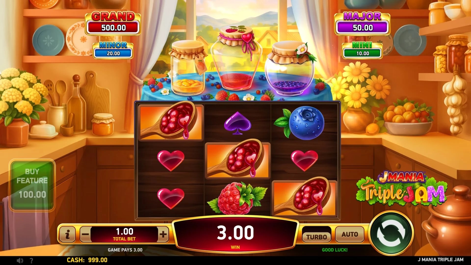 J Mania Triple Jam: Base reel field beneath three jam jars