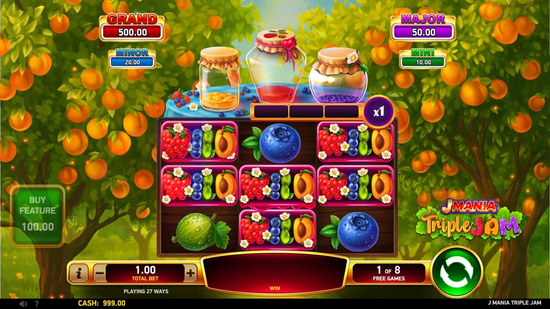 J Mania Triple Jam: Free Games with a central Wild and multiplier indicator
