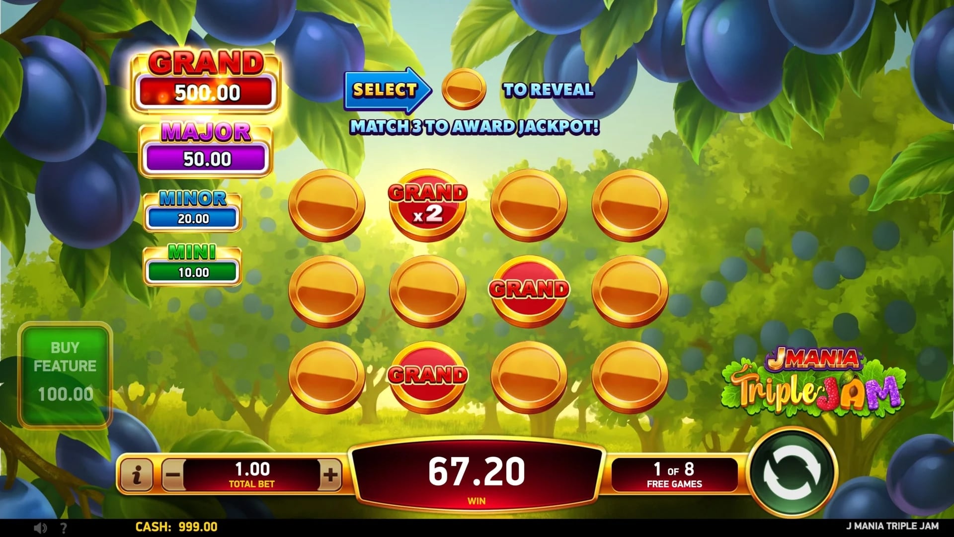 J Mania Triple Jam: Twelve-position jackpot pick board with a GRAND multiplier marker