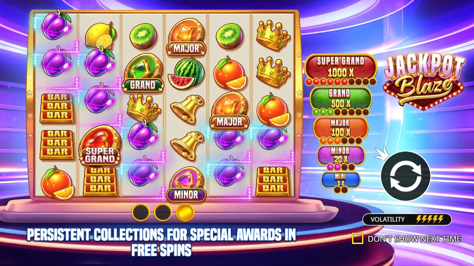 Jackpot Blaze intro showing five award meters and prize symbols on the reels