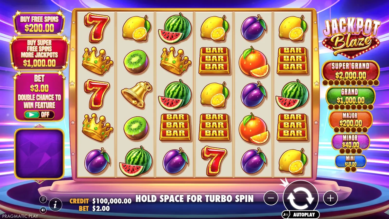 Jackpot Blaze base-game grid with all five empty award meters