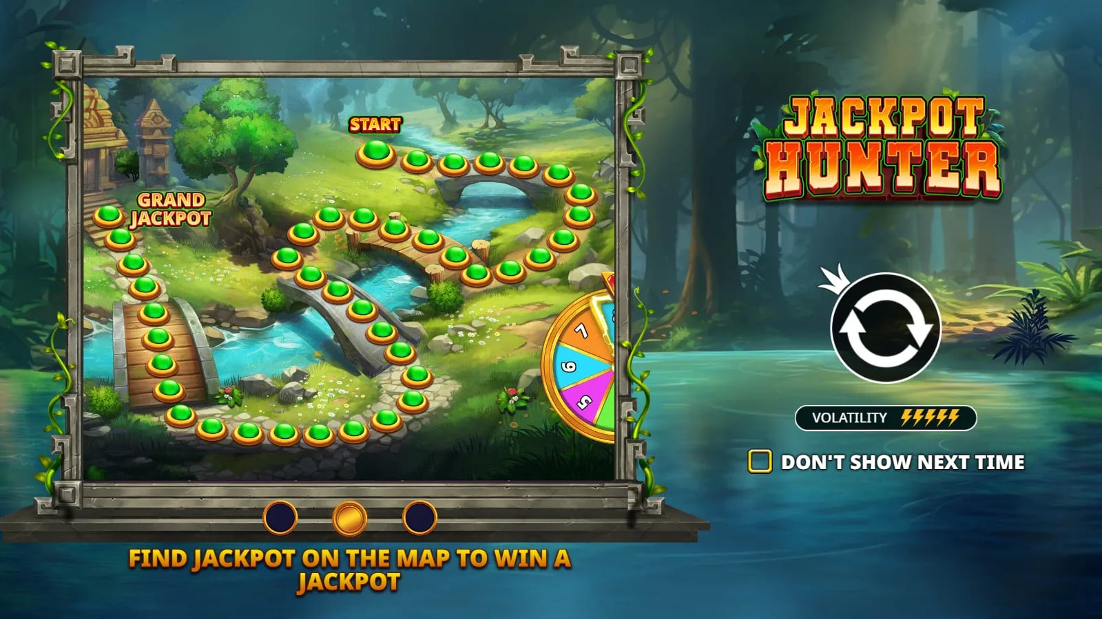 Jackpot Hunter instructional trail map with START and Grand Jackpot spaces.